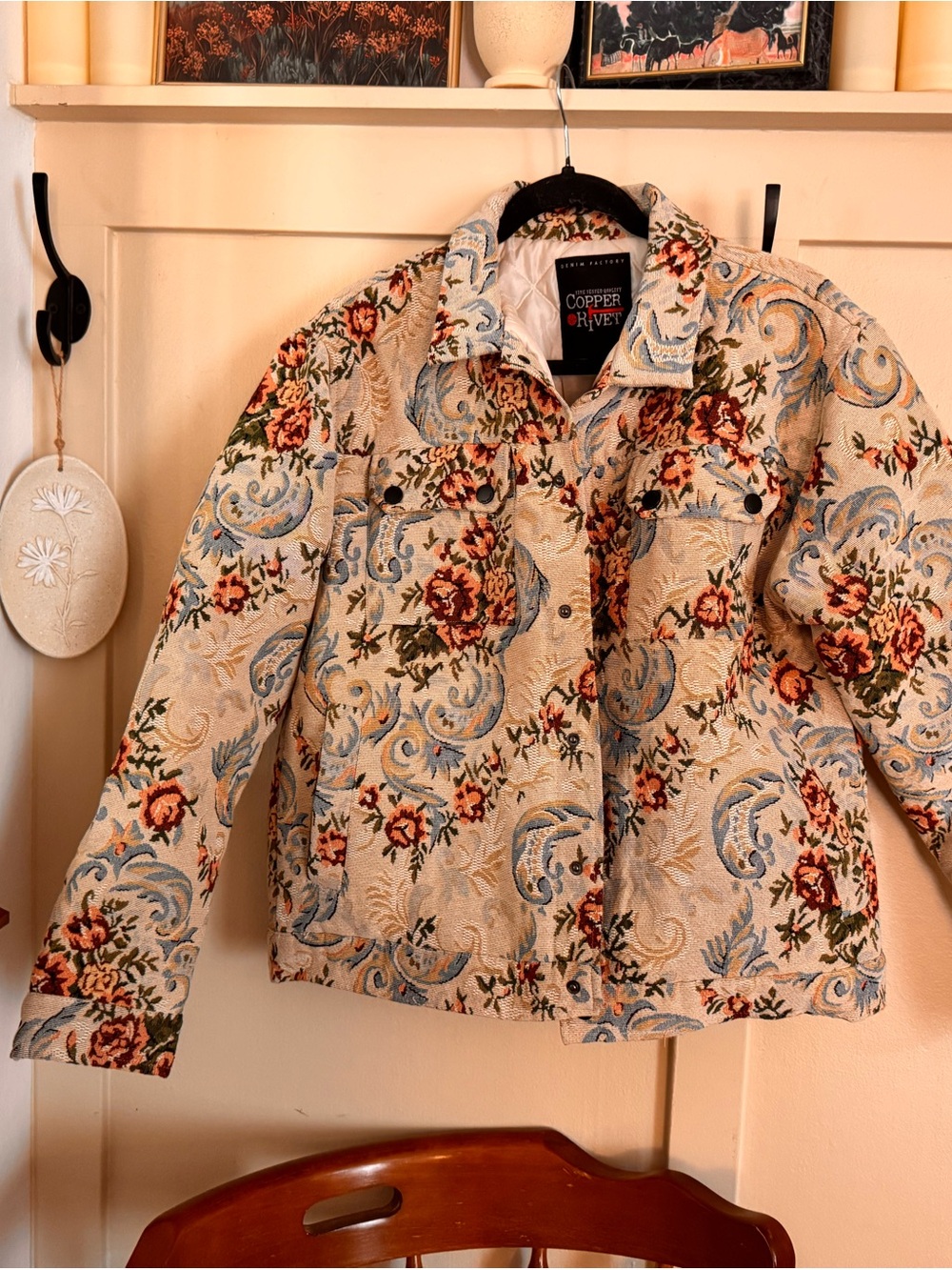 Copper Key Cream Tapestry Jean Jacket with Blue Scrolls & Red Floral - Picture 8 of 8